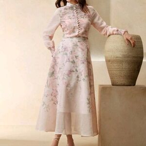 Elegant Floral Print Long Sleeve Shirt With Mid-Length Skirt Set